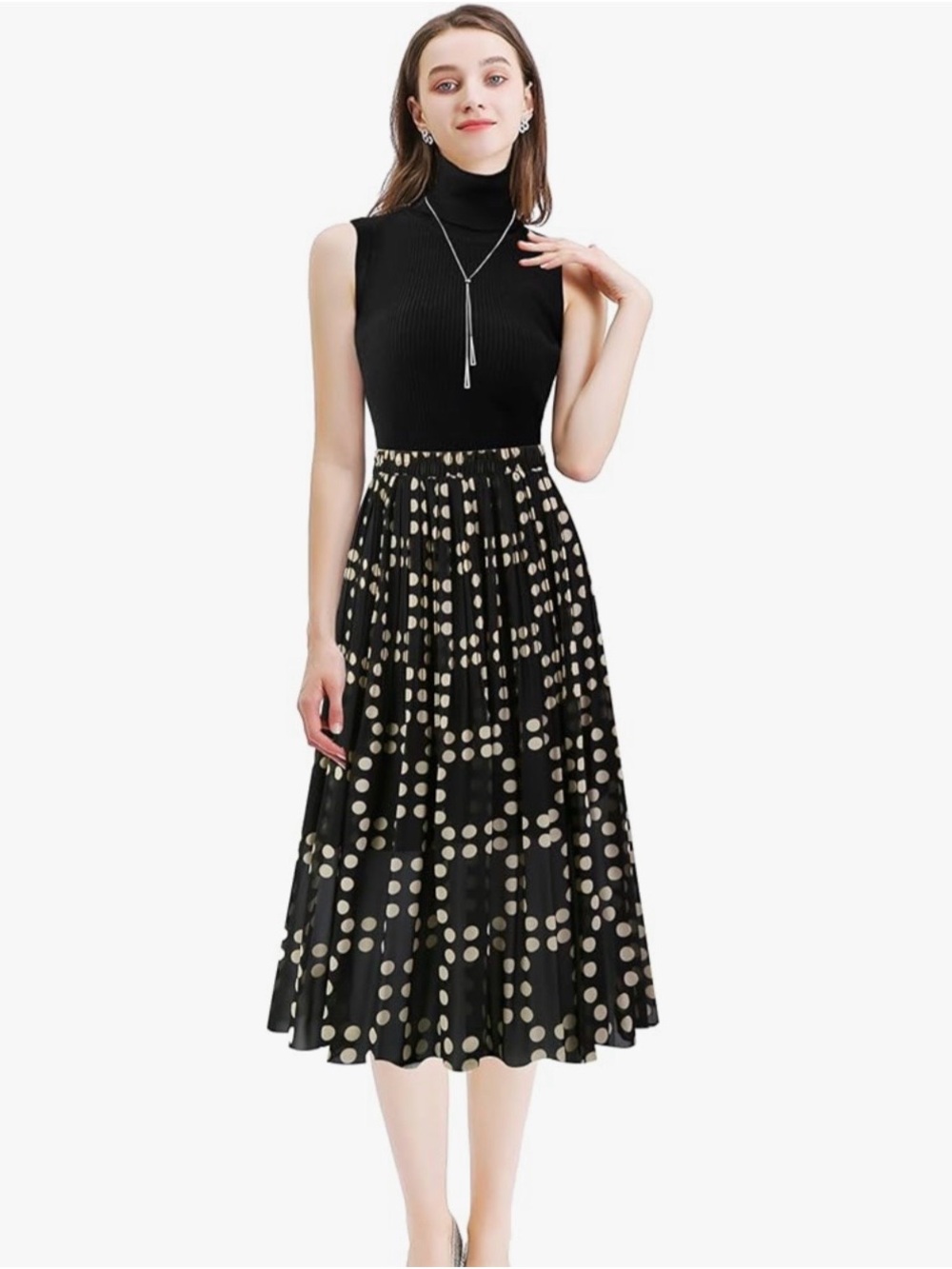 Black Midi Skirt with Cream Polka Dots - Elegant Pleated A-Line